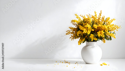 Sunlit Mimosa Bouquet in White Vase on White Table