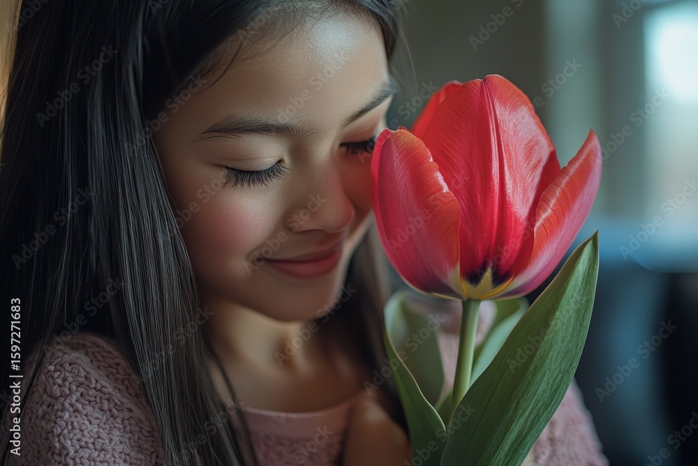 Mother and daughter enjoy a moment together at home holding a vibrant tulip flower while capturing their bond and joy in the afternoon light Mother and daughter enjoy a moment together at home holding a vibrant tulip flower while capturing their bond and joy in the afternoon light