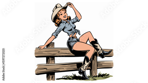 "Vintage Cowgirl Pin-Up Line Art Sitting on Fence"

