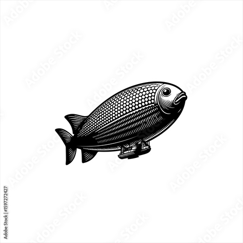 Whimsical Fish Blimp Illustration with Vintage Style.