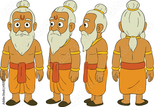 Cartoon Character Turnaround of Ancient Sage – Vedic Rishi Design