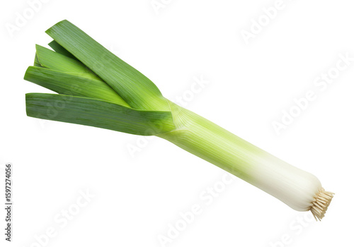 Fresh leeks on a white background, showcasing their vibrant green tops and white stalks