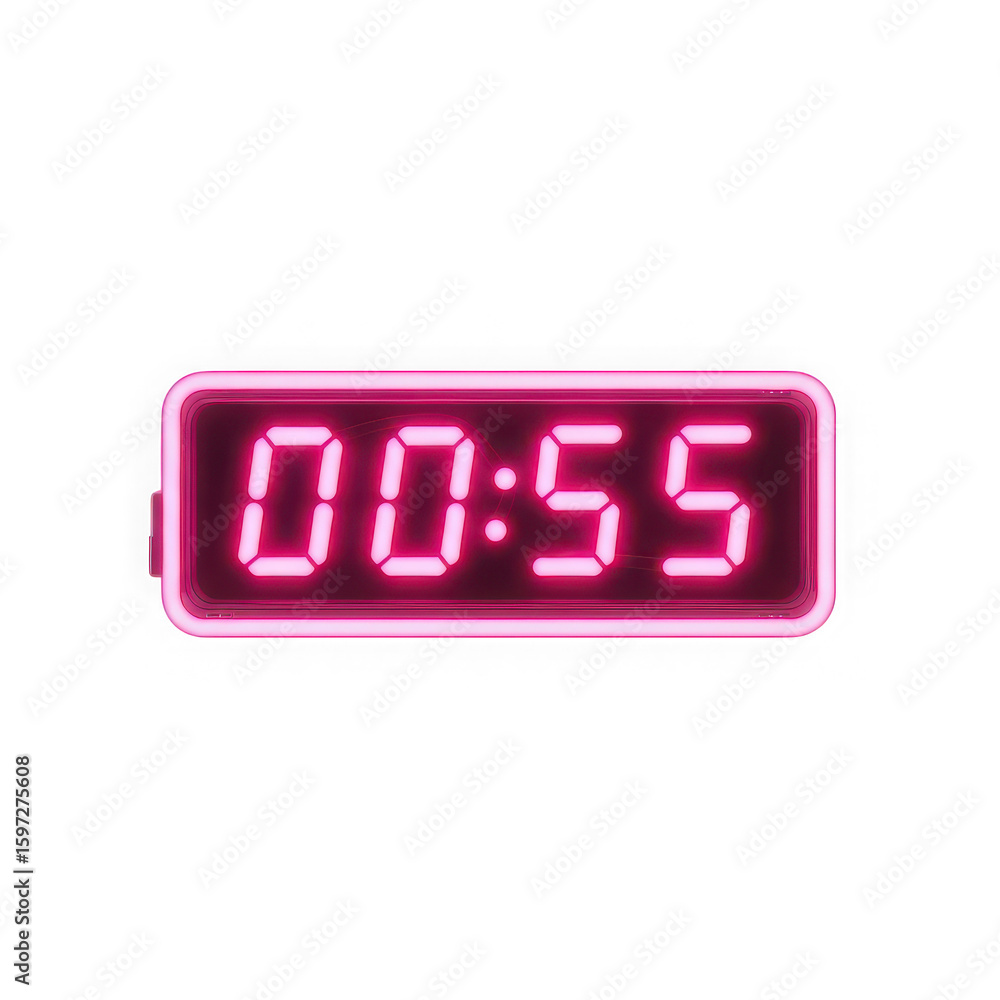 Pink neon digital clock displaying 00:55 time, modern timepiece, electronic timer, numbers, glowing digits, isolated on transparent background Pink neon digital clock displaying 00:55 time, modern timepiece, electronic timer, numbers, glowing digits, isolated on transparent background