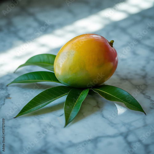 Wallpaper Mural A fresh mango with green leaves on marble, captured in vibrant natural light. Torontodigital.ca