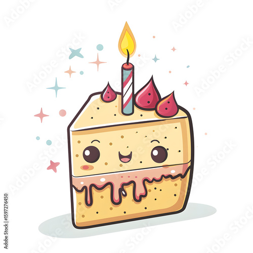 Adorable kawaii birthday cake with smiley face features a single colorful candle and cute cherry toppings, surrounded by sparkling stars and cheerful elements