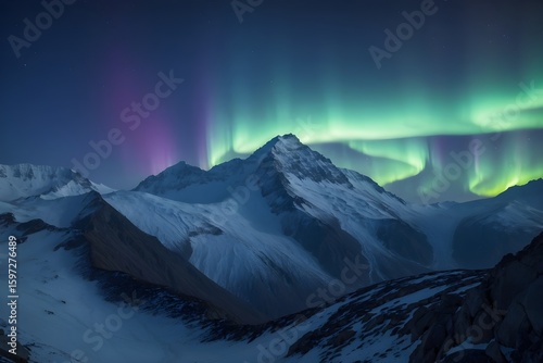 The vibrant aurora borealis dances above the snowcovered mountains in a breathtaking winter landscape at night