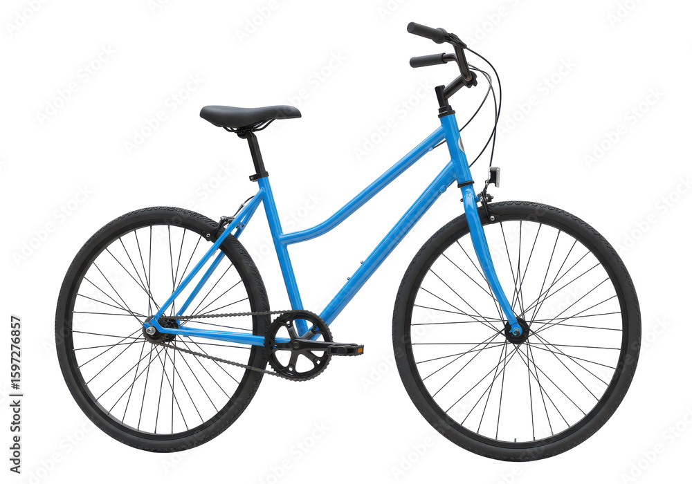 Obraz premium Blue bicycle parked on a sunny street with trees and people in the background