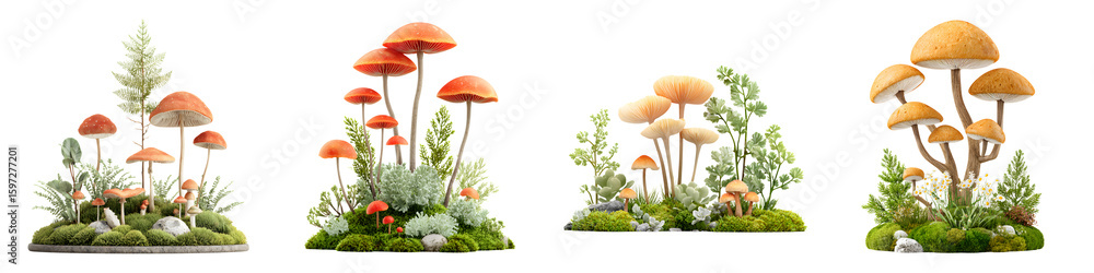 Fototapeta premium Mushroom Cluster Illustration: Whimsical Fungi on White Background