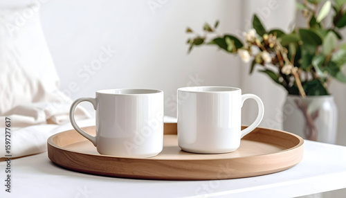 Two White Ceramic Mugs on Wooden Tray with Soft Natural Lighting