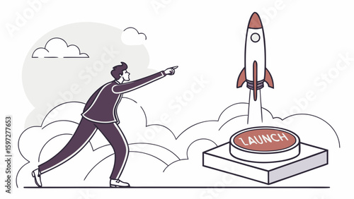 Businessman Activates Launch Button in Cloudy Environment