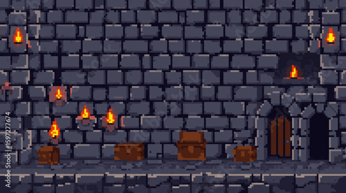 Pixel Art Dungeon Scene with Treasure Chests and Torches