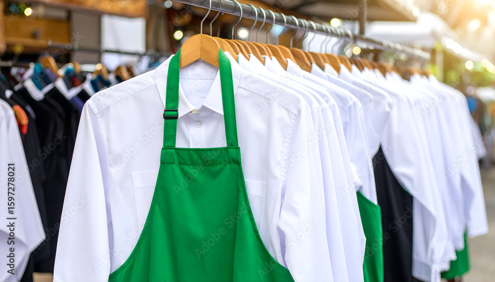 Fototapeta premium Uniform shirts and green apron hanging on a rack, ready for work