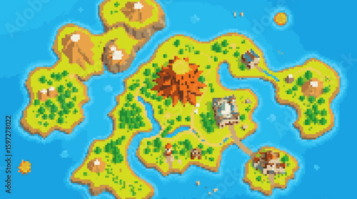 Pixelated Island Map with Diverse Biomes and Settlements