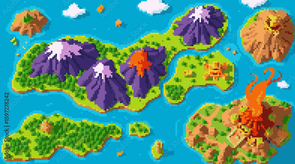 Obraz premium Pixelated Volcano Islands: An Overhead Fantasy World Map