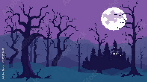 Pixelated Night Landscape: Spooky Trees and Moonlit Forest