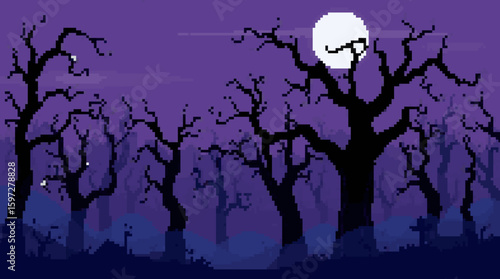 Pixelated Spooky Forest Scene Under Moonlight