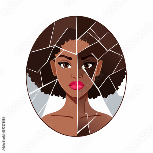 Broken mirror showing fragmented reflection, representing identity loss, trauma, and inner distortion.
