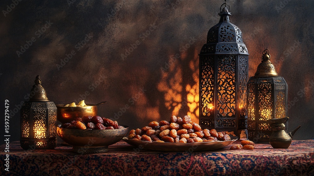 Fototapeta premium Ramadan lanterns, dates, and sweets on a patterned tablecloth