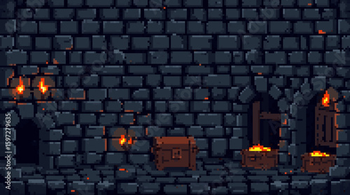 Pixel Art Dungeon with Treasure Chests and Torches