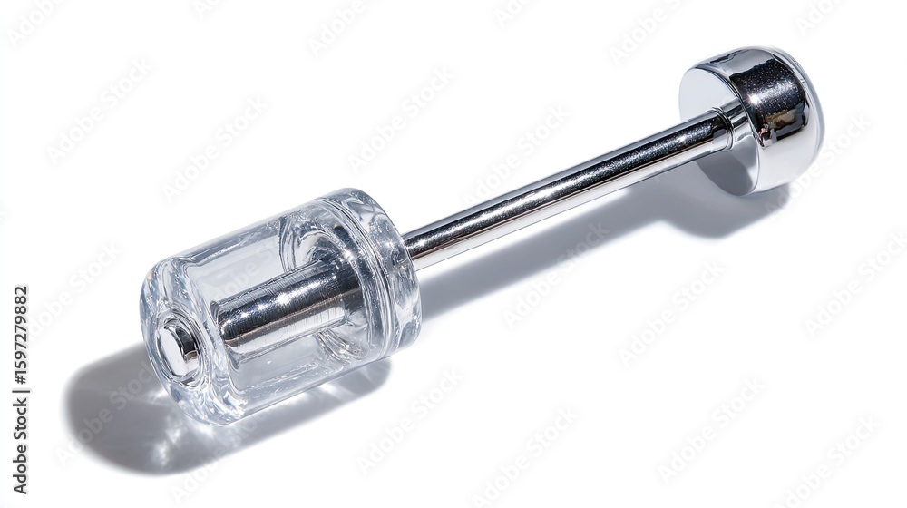 A close-up view of a transparent crystal and chrome dumbbell on a white surface. A close-up view of a transparent crystal and chrome dumbbell on a white surface.