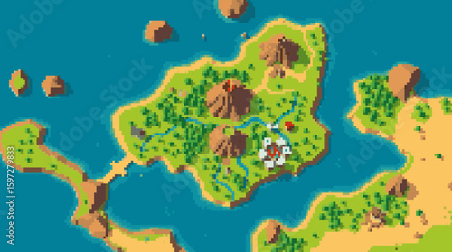 Pixel Art Island Map: Volcanoes, Rivers, and Settlement