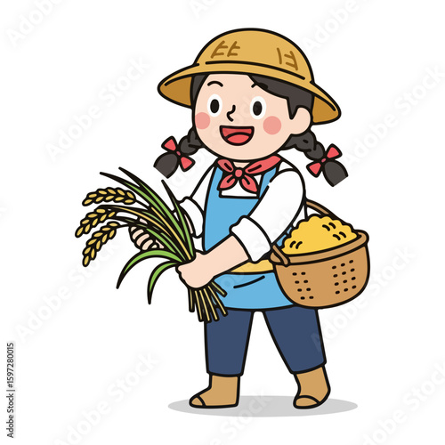 Cartoon harvesting rice or grain, harvest festival theme. Vector flat design cartoon. AI generated images.	