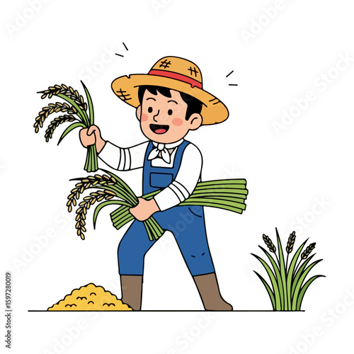 Cartoon harvesting rice or grain, harvest festival theme. Vector flat design cartoon. AI generated images.	