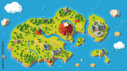Pixel Art Island Map with Volcanoes, Castles, and Clouds