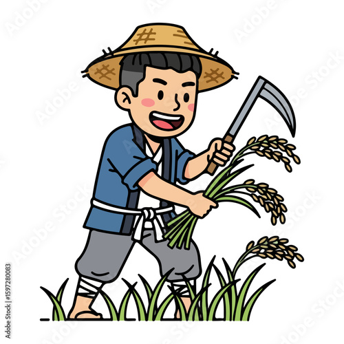 Cartoon harvesting rice or grain, harvest festival theme. Vector flat design cartoon. AI generated images.	