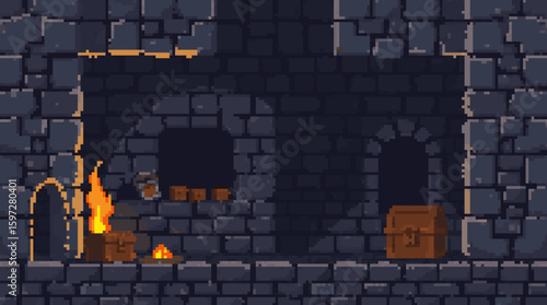 Pixel Art Dungeon Scene with Treasure Chest and Fire