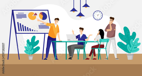 office meeting business people man woman discussing indicators manager makes a presentation to colleagues businessmen stands near the podium talking about presentation graphs charts illustration