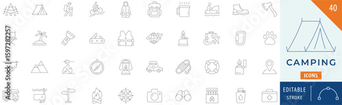 Camping icon collection set. Editable stroke.