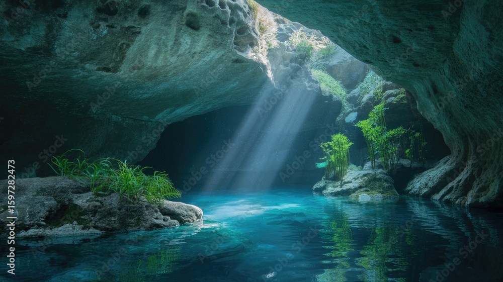 Naklejka premium Sunlight streams through cave opening illuminating turquoise water and lush green vegetation inside.