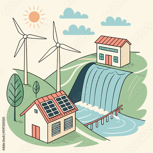 Eco-Friendly Energy Illustration: A picturesque scene showcasing sustainable energy sources, featuring wind turbines, solar panels, a hydroelectric dam.