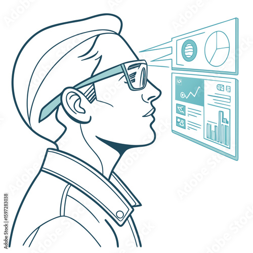 Innovator's Gaze: A visionary figure peers intently at a futuristic display, highlighting the cutting-edge of technological advancements. 