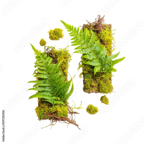 botanical fern leaves and green moss with small roots isolated on transparent background