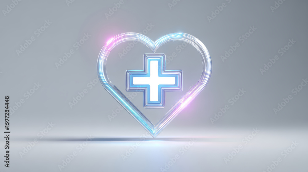 Obraz premium Health care symbol with glowing heart and medical cross on gray background, representing wellness and medical support