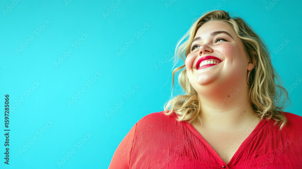 Fototapeta premium Confident plus-size woman with curly hair, standing with crossed arms and beaming smile against vibrant turquoise backdrop