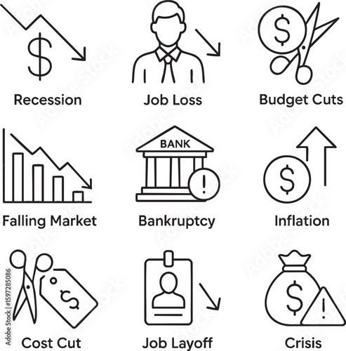 Recession Line Art Icon Set with Labels, Job Loss, Budget Cuts, Bankruptcy, and Economic Crisis Symbols