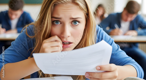 Anxious student staring at exam paper in classroom.
