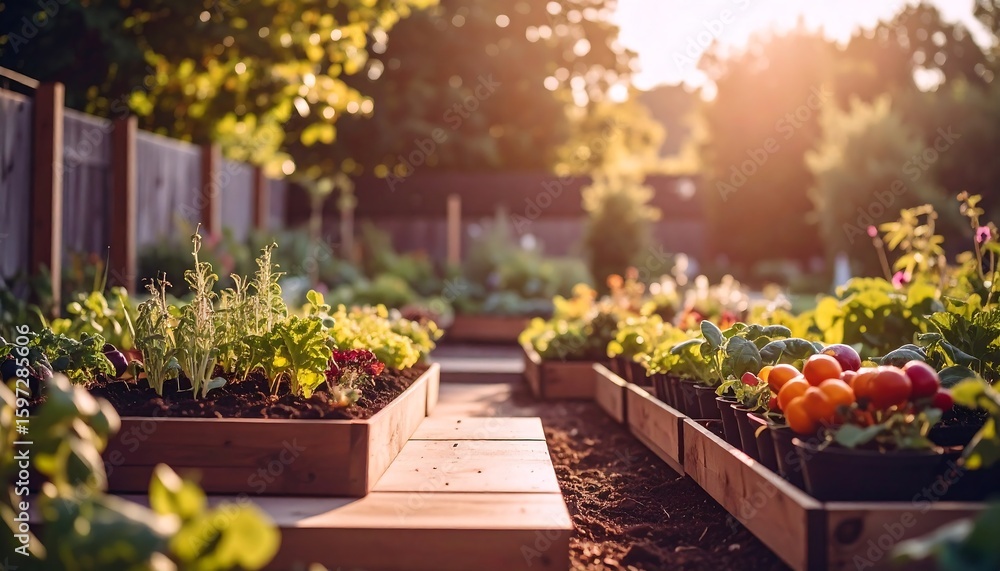 Obraz premium Sunset Garden Vegetables Raised Beds - Sustainable Living