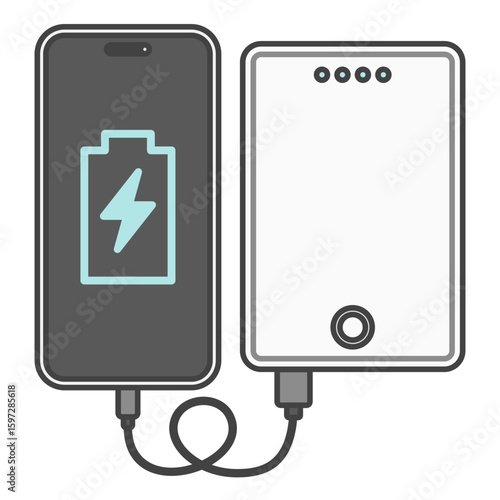 スマートフォンとUSBケーブルで接続・充電中のモバイルバッテリー、白色・ホワイト