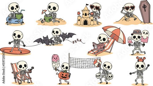 Skeletal Summer A collage of whimsically illustrated skeletons enjoying a playful summer vacation, engaging in various beachside activities, and embodying the lighthearted spirit of the season.