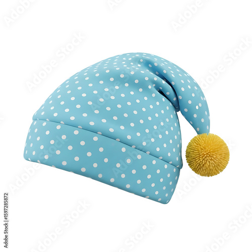 Light blue polka dot sleeping cap with yellow pompom detail, perfect for a restful night's sleep and sweet dreams, evoking comfort and relaxation