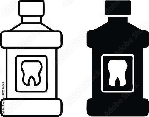 Mouthwash icons. Black and White Vector Icons. Mouthwash Bottle with Tooth on Label. Dental Care. Medicine and Dentistry Concept
