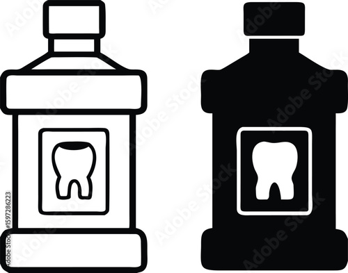 Mouthwash icons. Black and White Vector Icons. Mouthwash Bottle with Tooth on Label. Dental Care. Medicine and Dentistry Concept
