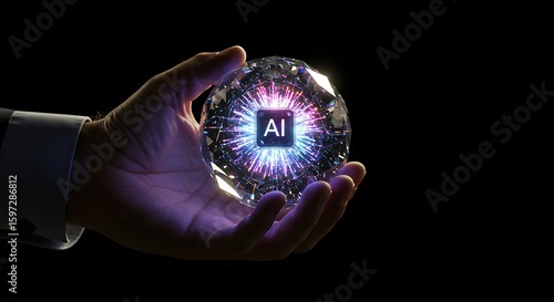 hand is holding glowing crystal and stunning ball technology AI in hands representing future technology.