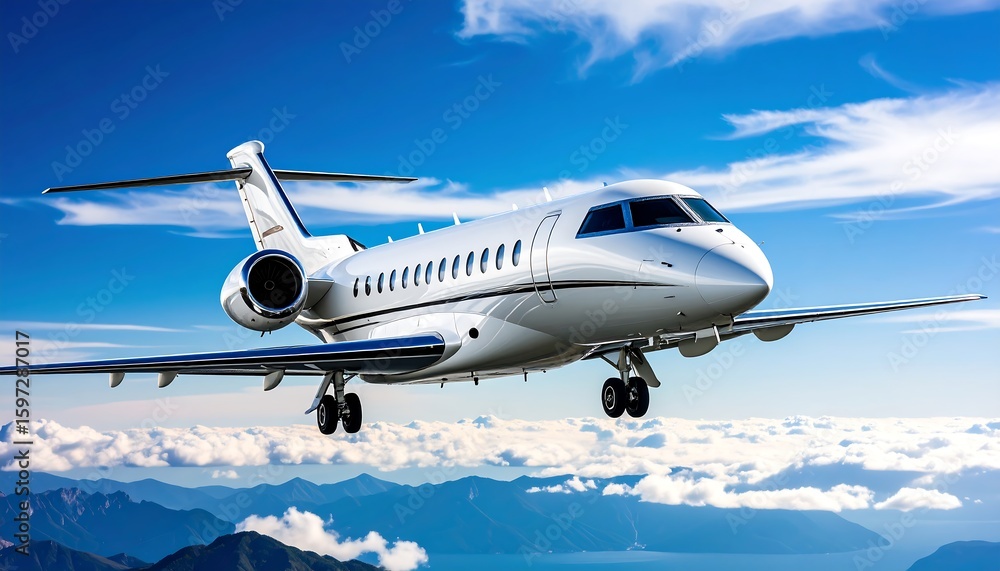 Naklejka premium White jet airplane in flight over mountains