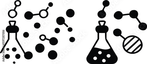 Science icons. Black and White Vector Icons of Laboratory Flask with Chemical Substance, DNA Chain, and Molecule. Scientific research. Education Concept
