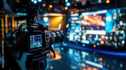 Studio camera setup capturing scenes in digital news studio